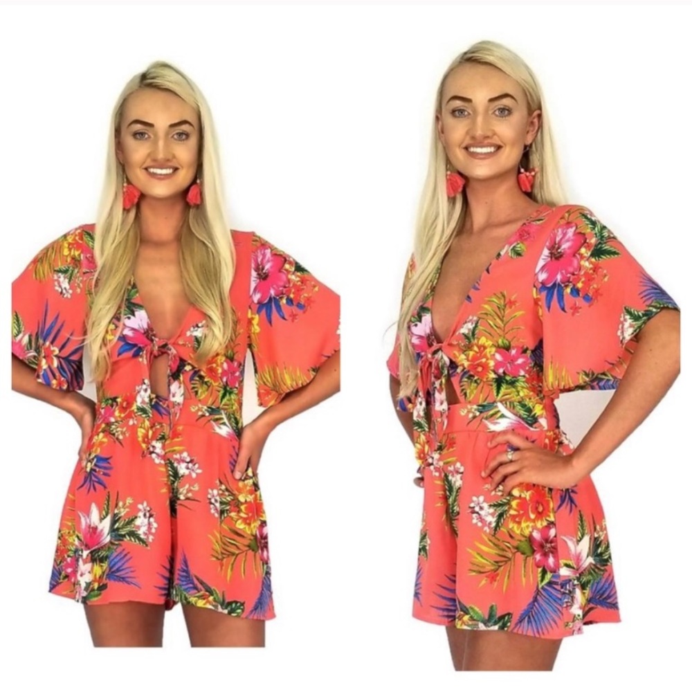 She + Sky Coral Tropical Front Tie Romper - Medium